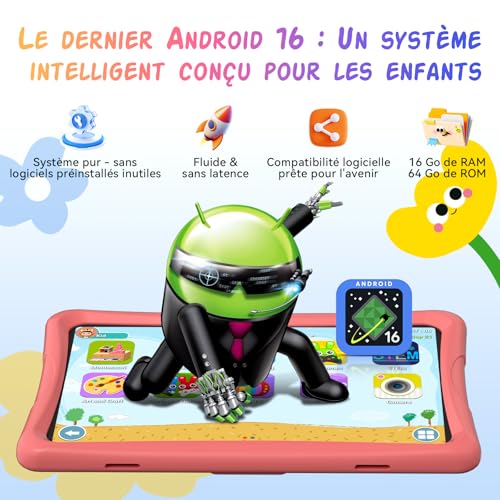 10 Inch Android 16 Tablet for Children 3-14 Years Educative, 16GB (4+12) RAM + 64GB ROM/2TB TF, Parental Control, GMS, 5000mAh, WiFi6, 4 Year Warranty, Tablet with Stylus, Pink