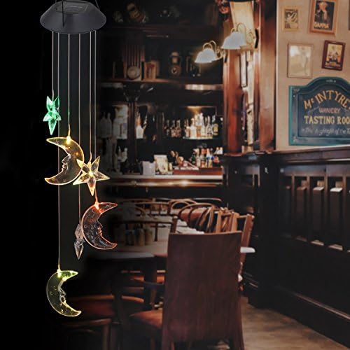 Solar Powered Wind Chimes,Suniness LED Solar Mobile Wind Chime,Color-Changing Waterproof LED Hanging Lamp Wind Chime for Outdoor Indoor Gardening Lighting Decoration Home (Star&amp;Moon)