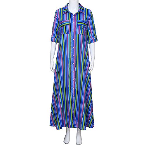 Women Multicolor Striped Buttons Lapel Half Sleeve Long Dress Casual Cocktail Club Party Robe Dresses Beach Sundress Blue - Thumbnail 2
