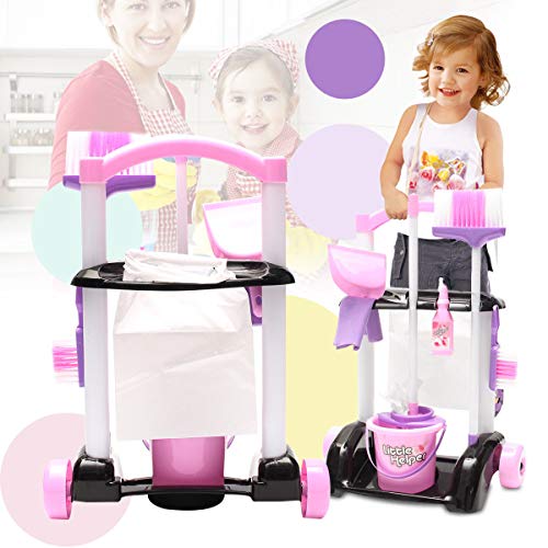O.B Toys&Gift Kids Cleaning Trolley Playset Toy Children Pretend Little Helper Cleaning Play Set w/ Broom , Mop , Trolley & Cleaning Accessories