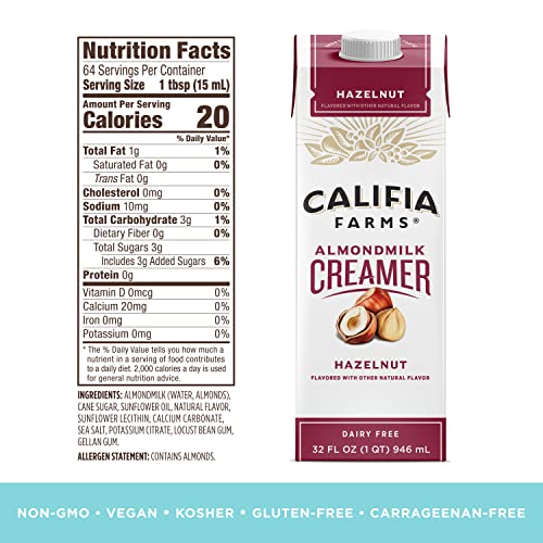 Califia Farms Hazelnut Almond Milk Coffee Creamer, 32 Oz (Pack of 6