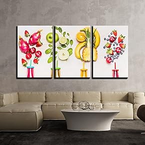 3 Piece Canvas Wall Art - Bottles of Fruits Smoothies with Various Ingredients on White Wooden Background - Modern Home Art Stretched and Framed Ready to Hang - 16"x24"x3 Panels