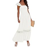 ZESICA Women's 2026 Summer Lace Strap Sleeveless Square Neck Smocked High Waist Ruffle Hollow Out Flowy A Line Maxi Dress