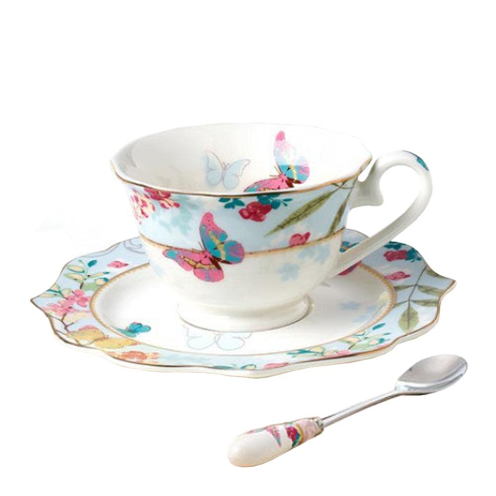 Bone China Coffee Cup and Saucer Set with Spoon, Butterfly Porcelain Tea Cup Ceremic Mugs Coffee Mug Set (B)