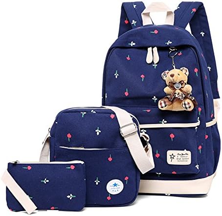 SEADEAR 3 pieces set Casual Lightweight Canvas female Shoulder Bag School Backpack Bookbag for Teen Student(Dark Blue)