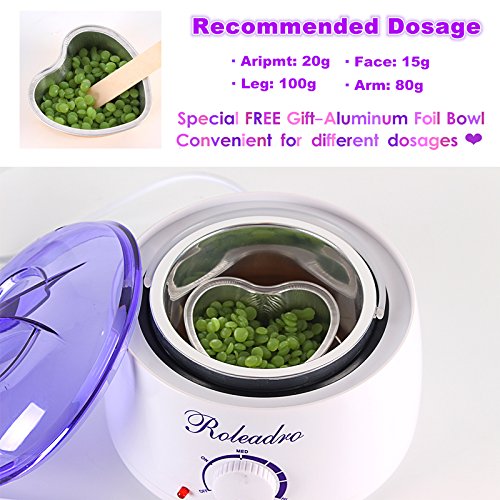 Roleadro Wax Warmer/Hair Removal Waxing Kit/Wax Heater with 4 Cans Hard Wax Beans/2 Heart-Shaped Bowl/20 Wax Applicator Sticks