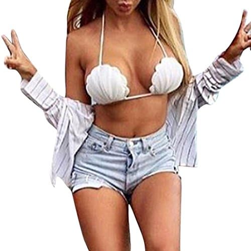 Womens Halter Solid Color Seashell Bikini Padded Push up Swimsuit 1 Piece