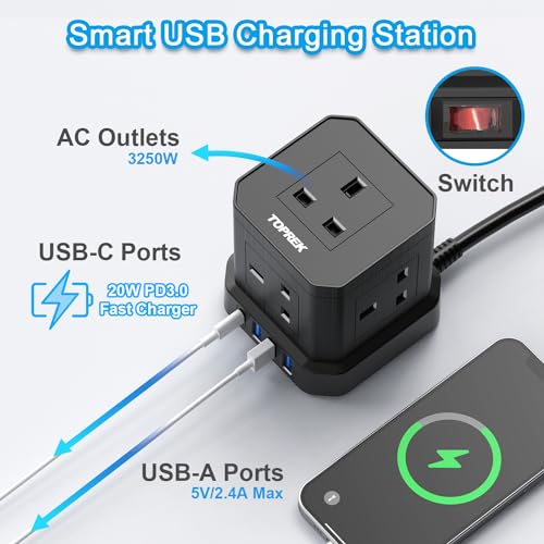 TOPREK Cube Extension Lead with USB Slots, 5 Way Power Strip with 5 AC Outlet 4 USB (20W PD3.0 Fast Charger) 1 Switch, 2M Extension Cord, 3250W/13A, UK Power Strip for Desk Home Office Travel
