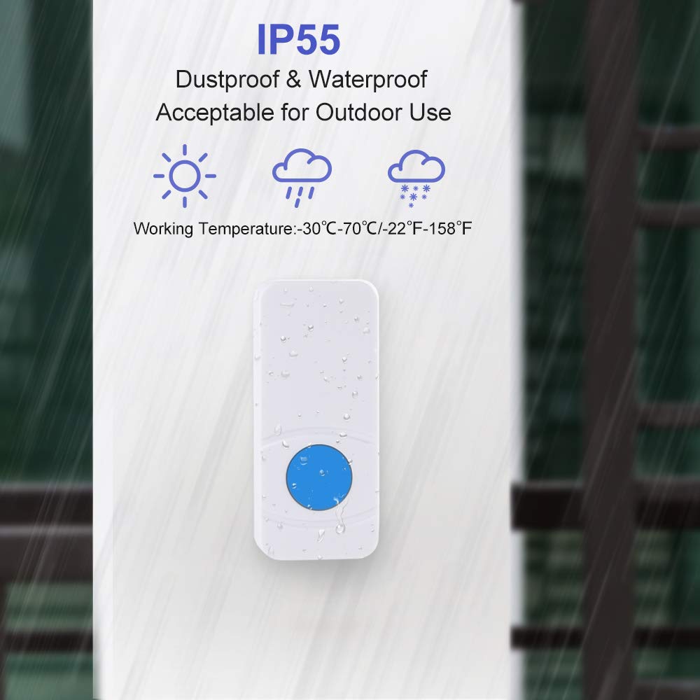 Wireless Doorbell with 2 Receivers, Waterproof Doorbell Chime Kit with LED Flash, 1 Push Button and 2 Plug-in Receiver with 55 Melodies, 5 Volume Levels to Choose