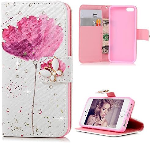 iPhone SE Case,iPhone 5S Case,iPhone 5 Case - Mavis's Diary 3D Handmade Wallet PU Leather with Bling Sparkly Diamonds Elegant Pink Flower with Butterfly Magnetic Clip Card Holders Soft TPU Inner Cover