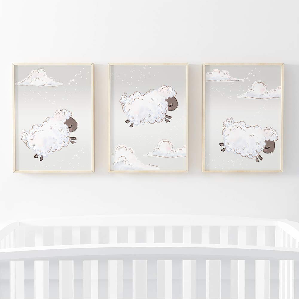 Pompom Prints® Counting Sheep Nursery Wall Art Picture Prints. A4 Poster for Baby Boy or Girl. Set of 3 [Picture Frames NOT Included] (Neutral)