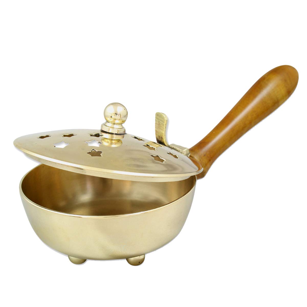 NKlaus Incense Holder with Real Wood Handle, Brass Gold, Ø 9cm, 20cm L x 4.5cm W, 340g, Symposia
