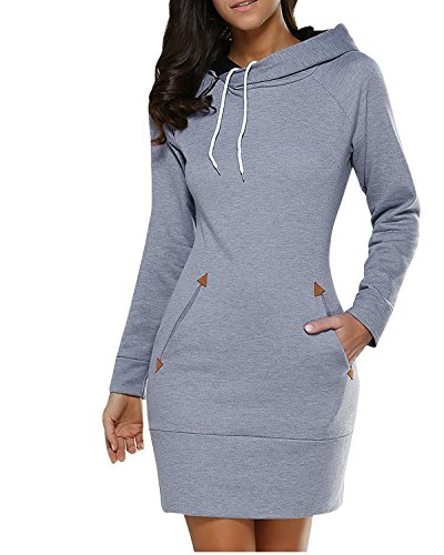 BUIBIU Women's Long Sleeve Cotton Slim Fit Midi Hoodie Dress Pocket Gray 2XL