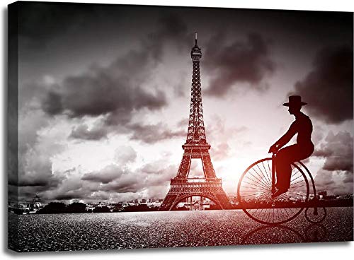 Man On Retro Bicycle Next to Effel Tower, Paris, France. Gallery Wrapped Canvas Art (30in. x 40in.)