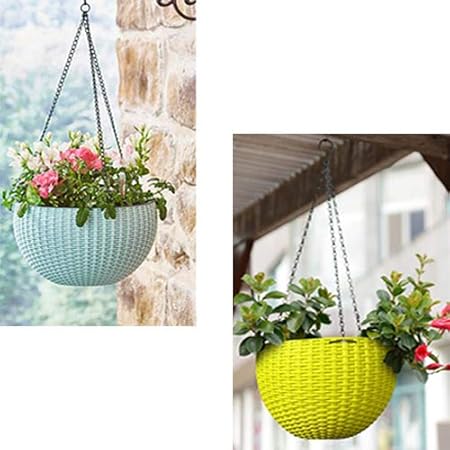 Antier (Light Blue and Yellow) 2 pcs Round Plastic Resin Chain Basket Hanging Planter Hanging Flowers and Plants,Growers