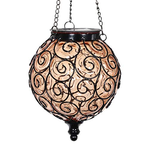 Exhart Solar Hanging Lantern, Handblown Amber Glass Round Hanging Lantern Light w/ 12 LED