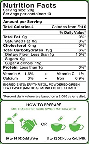 Ujido Matcha Green Tea Powder - Sweetened with Japanese Monk Fruit - Sugar Free (20g x 10 packets)