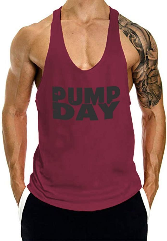GymRevolution Men's Pump Day Muscle Fit Tank Top Gym Fitness Stringer Bodybuilding Tank Tops Wine Red Black L