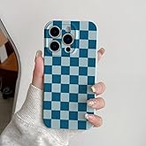 Akeivare for iPhone 16 Pro Max Case Cute Checkerboard Checkered Pattern Trendy Slim Fit TPU Silicone Aesthetic for Women Girl Shockproof Full Camera Protection Cover - Blue