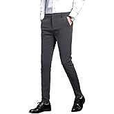 Plaid&Plain Men's Stretch Dress Pants Slim Fit Skinny Suit Pants