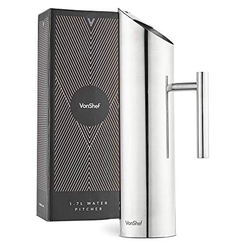 VonShef Water Pitcher with Ice Guard, Stainless Steel, 60 Ou