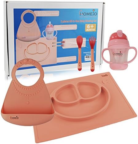 All-in-One Children’s Dining Set (5-Piece Kit- PINK SMILEY) – Soft, Flexible Silicone Dishware for Toddlers – Includes Placemat, Sippy Cup, Fork, Spoon, Baby Bib – Boys and Girls 6 Months +