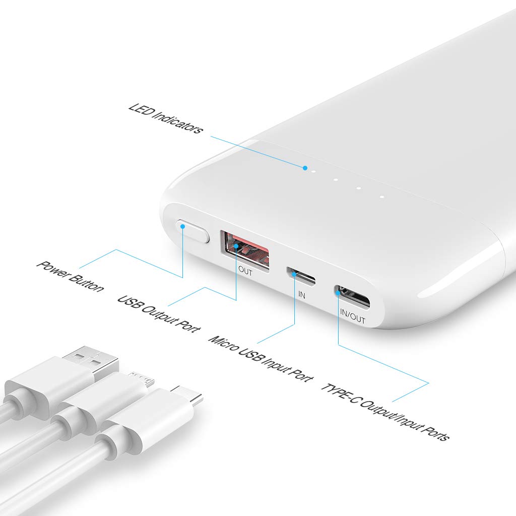 FLOUREON 10000mAh Portable Power Bank External Battery Pack Type C Phone Charger (USB Cable Included) with QC 3.0 High Speed Output for Smart Phones, Tablet, and More(White)