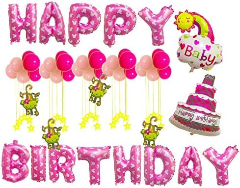 ZOMOM Birthday Party Decoration Kit,HAPPY BIRTHDAY letter balloons foil balloons for kids' party BabyRainbow&FunnyMonkeys (Pink)