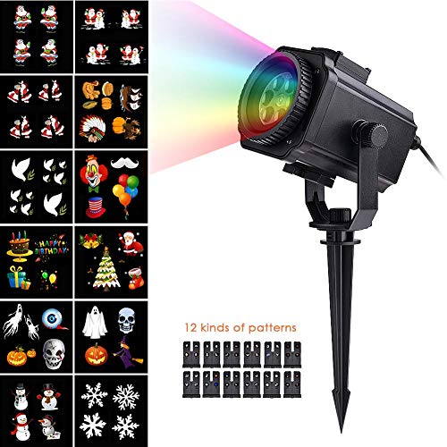 Sundlight Halloween Christmas Projector Lights, 12PCS Slides LED Outdoor Waterproof IP44 Lawn Lamp Snowflake Light Decoration Lighting on Xmas Theme Holiday Birthday Wedding Party