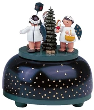 KWO Olbernhau 13013 Spieldose klein Engel mit Geschenk, 11 cm