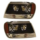 2002-2003-2004 Jeep Grand Cherokee Laredo Headlight Headlamp Halogen Composite Light (Smoke/Dark Background With Clear Lower Parking Turn Signal Marker Lens) Front Head Lamp Pair Set Left Driver AND Right Passenger Side (02 03 04)