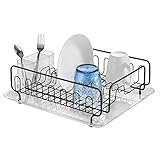 mDesign Large Modern Metal Wire Kitchen Dish Drainer Drying Rack with Removable Plastic Cutlery Caddy and Drainboard for Sink or Countertop - Clear/Matte Black
