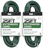 2 Pack of 25 Foot Outdoor Extension Cords - 16/3 SJTW Durable Green Extension Cord with 3 Prong Grounded Plug for Safety - Great for Garden and Major Appliances