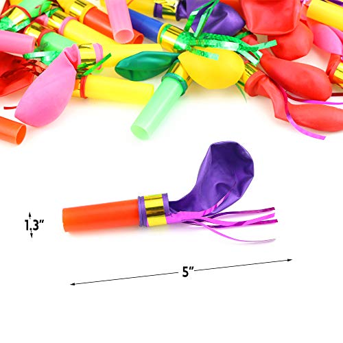 Neworkg 100pcs Multicolor Noisemakers Blowouts Party Horns with Balloons, Glitter Fringed Balloons Whistle, Party Whistles and Streamers, Bulk Toys, Birthday Party Favors, Party Accessory for Kids