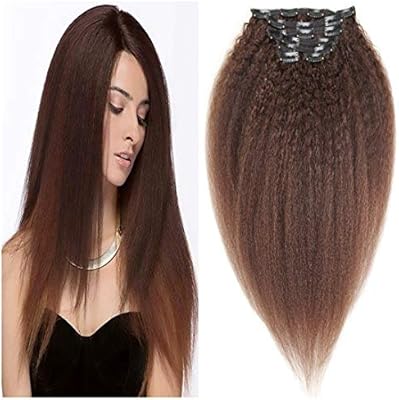 14 Inch Brown Kinky Yaki Straight Clip In Human Hair Extensions