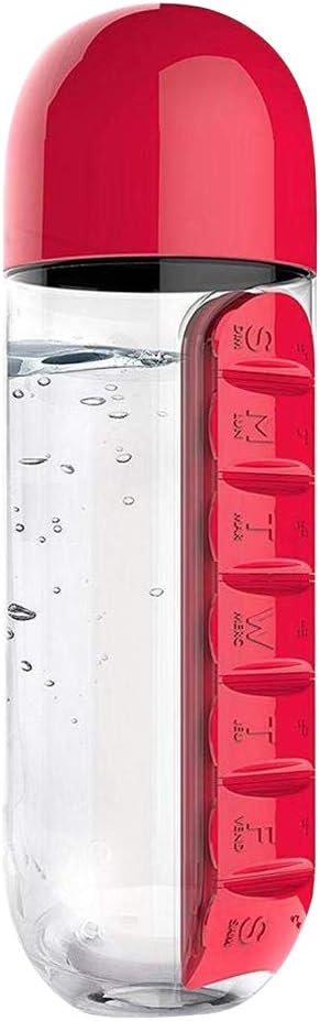 Macabolo 2 in 1 Portable Water Bottle with Pill Box Organizer 7 Days Planner Box Travel Medication Cases Containers (600ml)