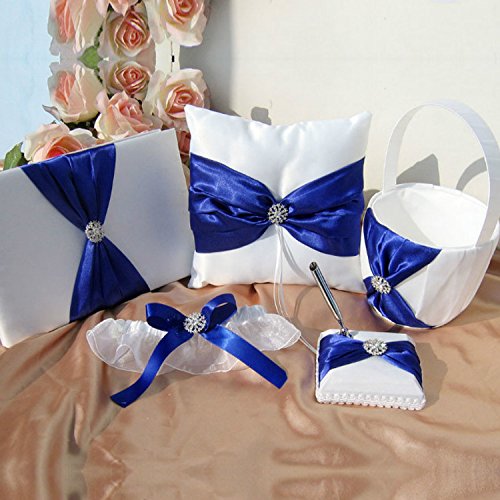 Wedding Flower Girl Basket Rings For Ring Bearer Pillow Garter Guest Book Pen Wedding Set Decoration Ribbon Ceremony Party Favors For Guests (New Royal Blue With Accessory)
