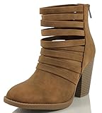Soda Women's Kelly Cut Out Strappy Stacked Chunky Ankle Bootie