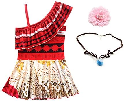 Baby Girls Princess Moana Swimsuit Necklace and Headwear One Piece Off Shoulder Bikini Set For Cosplay Costumes (110/5-6Y, Red 01)