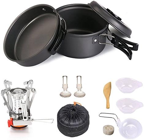 lovehope Camping Cookware Mess Kit, Camp Stove, Backpacking Gear & Hiking Outdoors Bag Cooking Equipment. 12/13 Piece Cookset | Compact, Lightweight,& Durable Pot Pan Bowls. ((Matte black) 13 PCS)