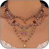 MSSIEJEW Layered Boho Necklace for Women Crystal Beaded Sun Pendant Irregular Crystal Stone Necklace Boho Beach Western Jewelry