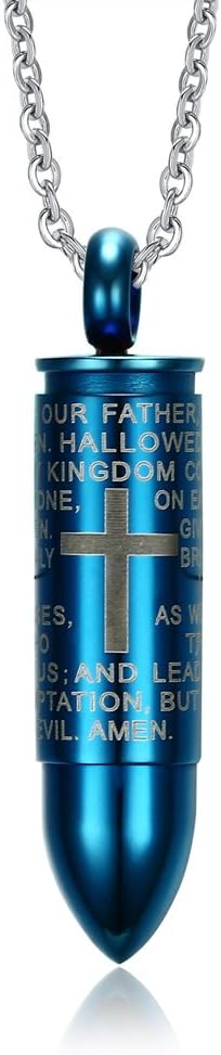 Men's Stainless Steel English Lord Prayer Cross Engraved Cremation Urn Bullet Pendant Necklace for Baptism Gift