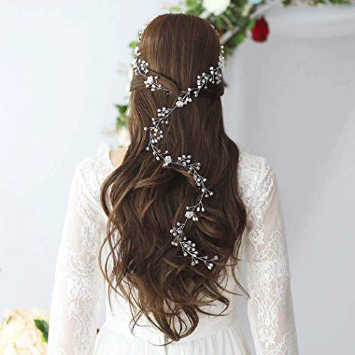 Brishow Bride Wedding Headband Crystal Pearl Beaded Hair Vine Rhinestone Bridal Hair Accessories for Women and Girls (Silver)