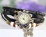 PPPerson Fashion Butterfly Pendant Quartz Retro Weave Wrap Around Leather Bracelet Lady Woman Wrist Watch