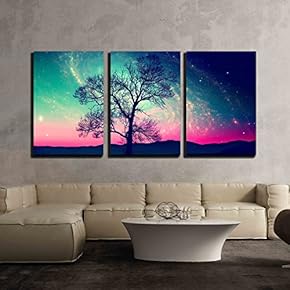 3 Piece Canvas Wall Art - Red Alien Landscape with Alone Tree Over The Night Sky with Many Star - Modern Home Art Stretched and Framed Ready to Hang - 16"x24"x3 Panels