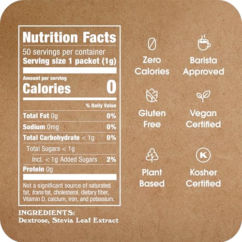 STEVIA IN THE RAW STEVIA SWEETENER PACKETS, 50 CT, ZERO CALORIE STEVIA SUGAR SUBSTITUTE PACKETS, NO ERYTHRITOL OR ARTIFICIAL FLAVORS, VEGAN, GLUTEN FREE, KOSHER, LOW GLYCEMIC INDEX