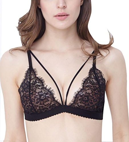 InsBuy Women's Deep V Sheer Thin Wirefree Lace Bralette Size XS Black
