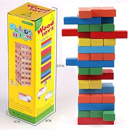 Playking Wood Toys Fold High Colorful 48 pcs Wooden Color Building Blocks Game, Multicolor