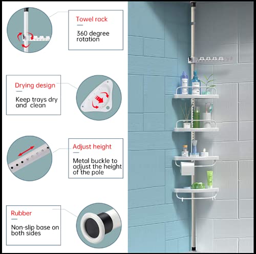 Shower Caddy,4 Tier Bathroom Baskets Corner Shower Caddy Tension Pole Storage Rack Organizer,Height Adjustable Among 3.6Ft to 10.1Ft