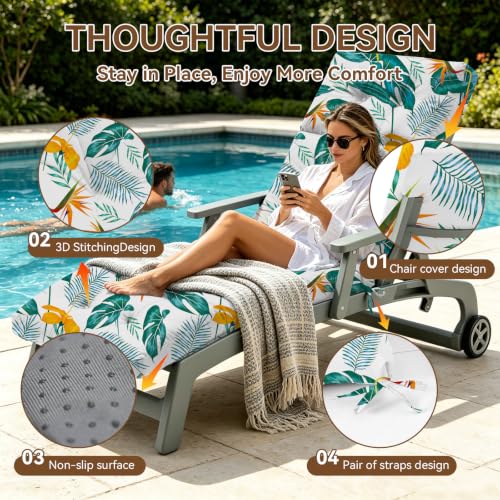 Chaise Lounge Cushion Outdoor, 100% Waterproof Memory Foam Lounge Chair Cushion with Ties for Indoor Outdoor Furniture, Thickened Pool Lounge Chair Cushions 74.4 x 22 x 4.7 Inches, Yellow-Green Leaf